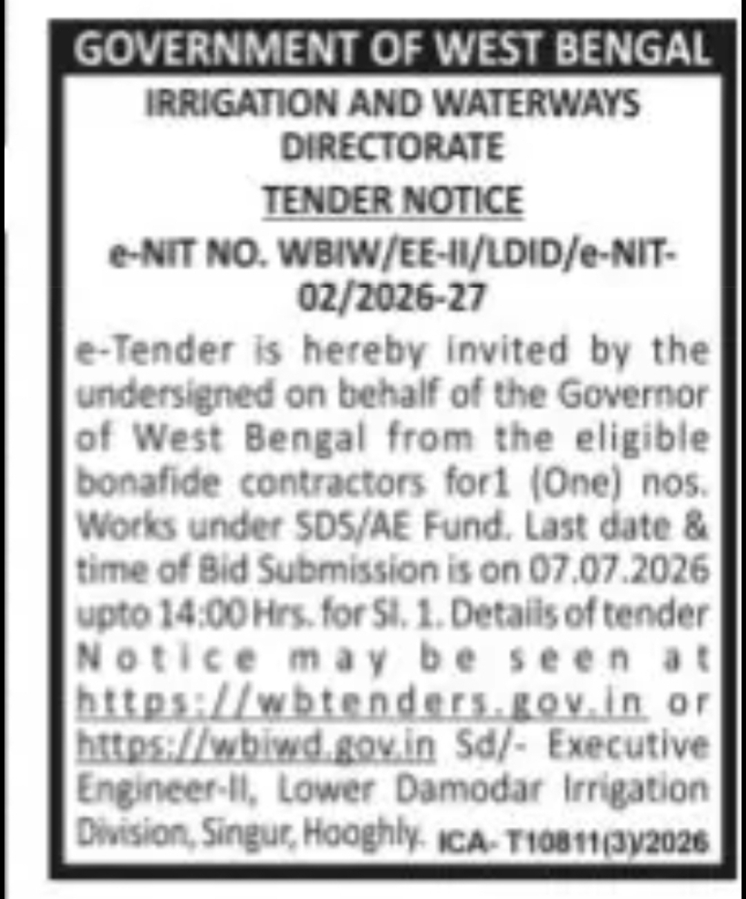 e-Tender for Irrigation Works under Lower Damodar Irrigation Division, Hooghly