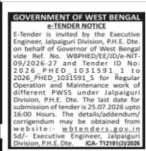 E-Tender for Operation & Maintenance Work Under Jalpaiguri Division PHE