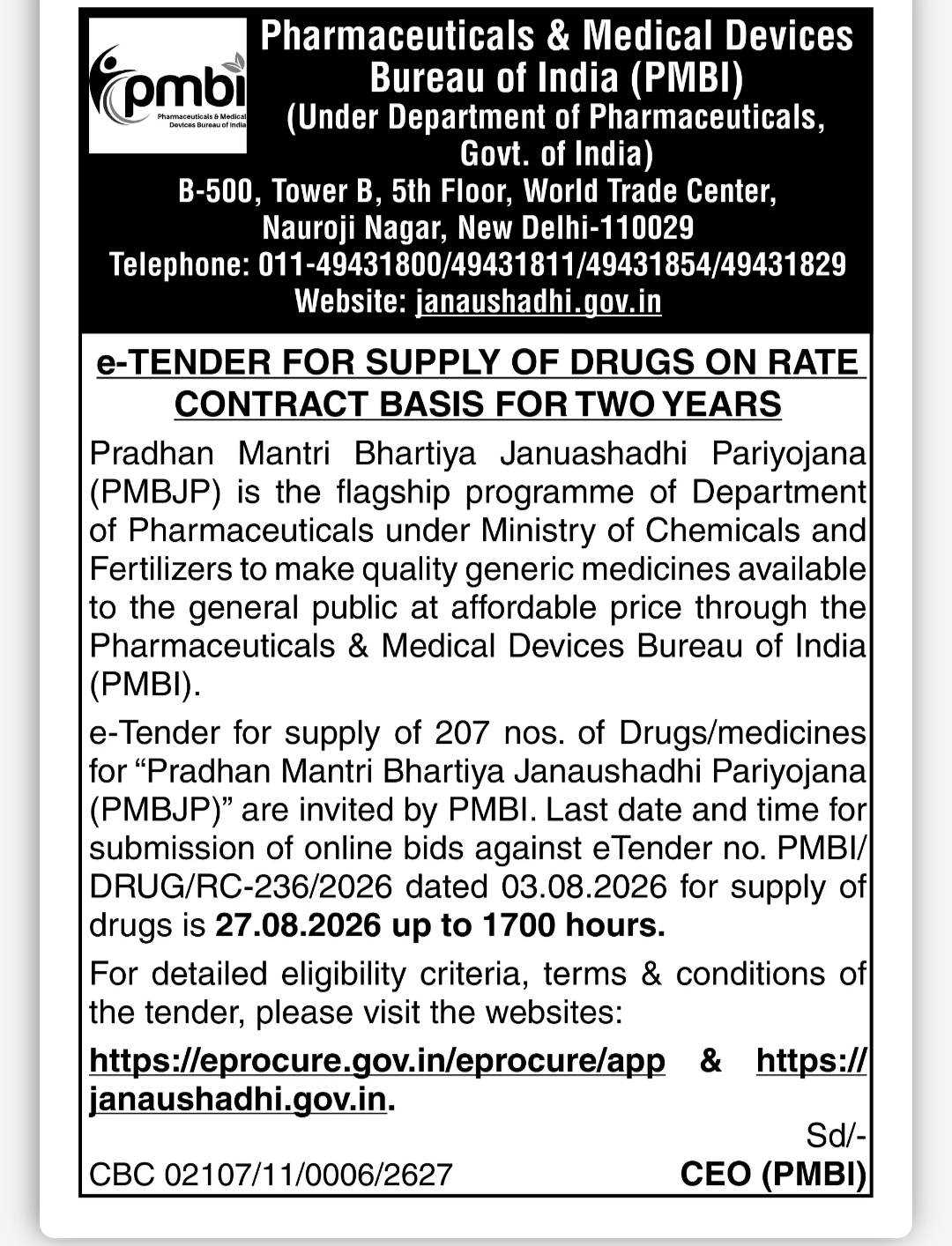 e-Tender for Supply of Drugs on Rate Contract Basis – PMBI