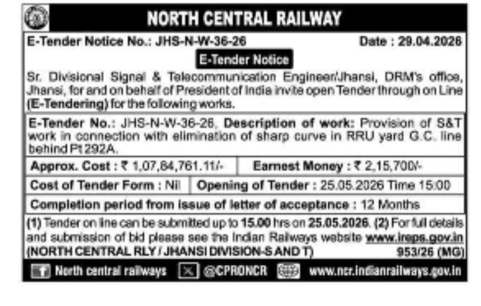 🚆 E-Tender – North Central Railway