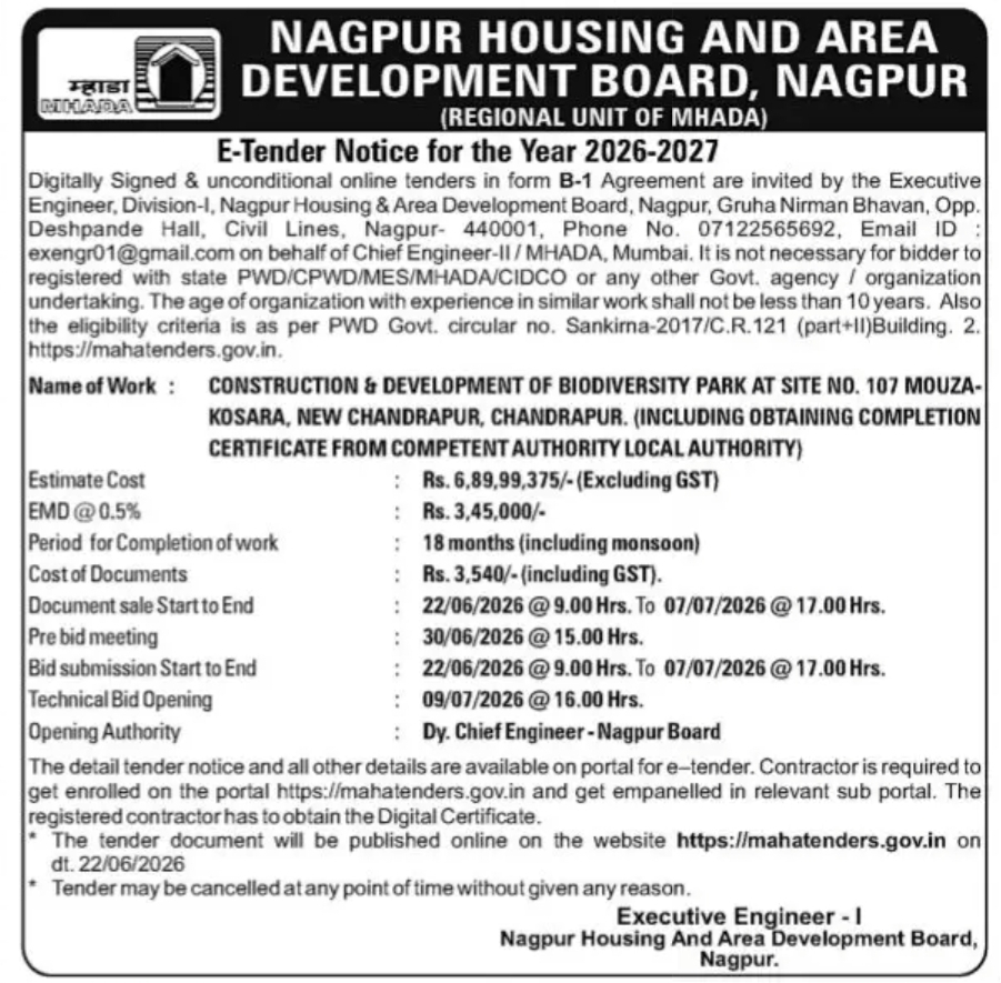 E-Tender Notice 2026–2027 | Nagpur Housing and Area Development Board (MHADA)