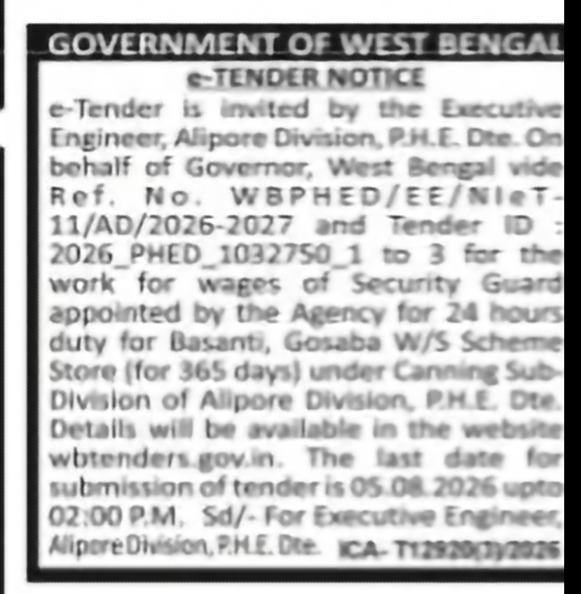 e-Tender Notice – Alipore Division, PWD