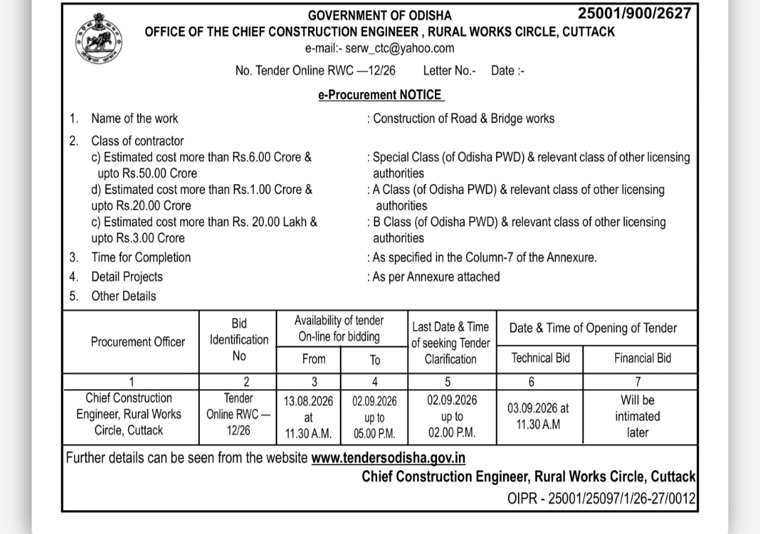 E-Tender Notice – Construction of Road & Bridge Works