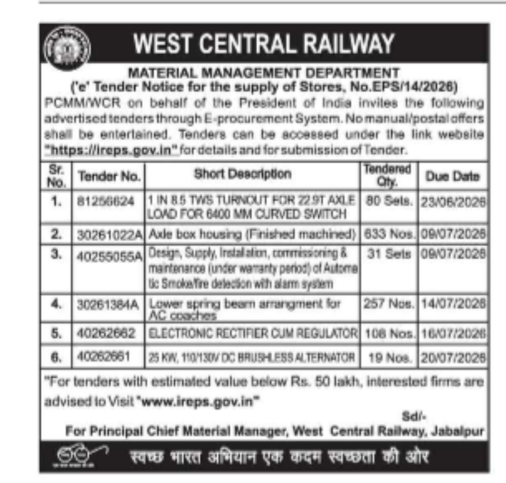 E-Tender Notice for Supply of Stores (West Central Railway, EPS/14/2026)