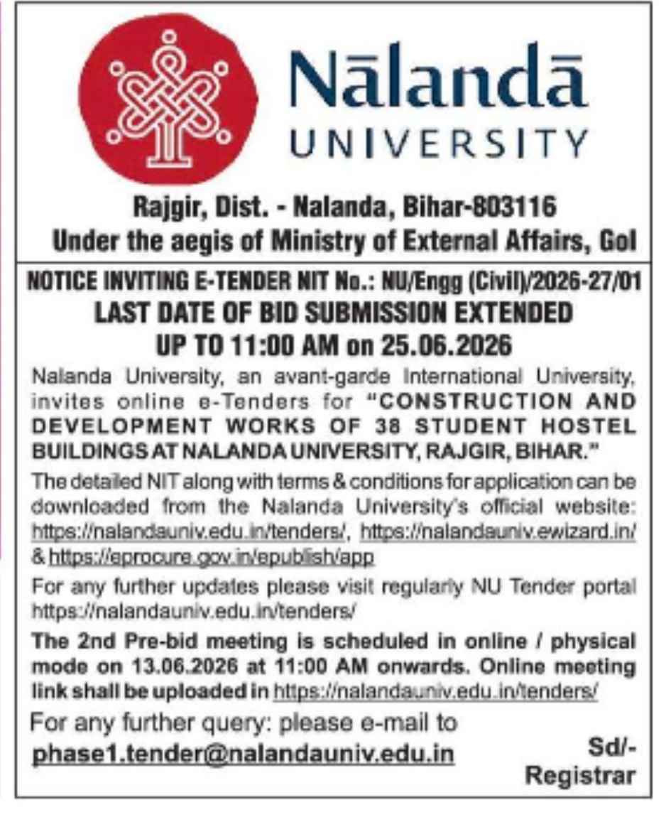 E-Tender Notice – Nalanda University, Rajgir, Bihar