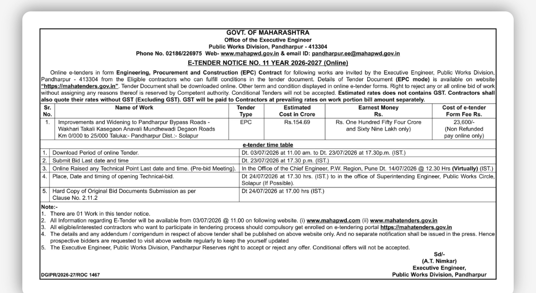 E-Tender Notice No. 11 (2026–2027) – Public Works Division, Pandharpur