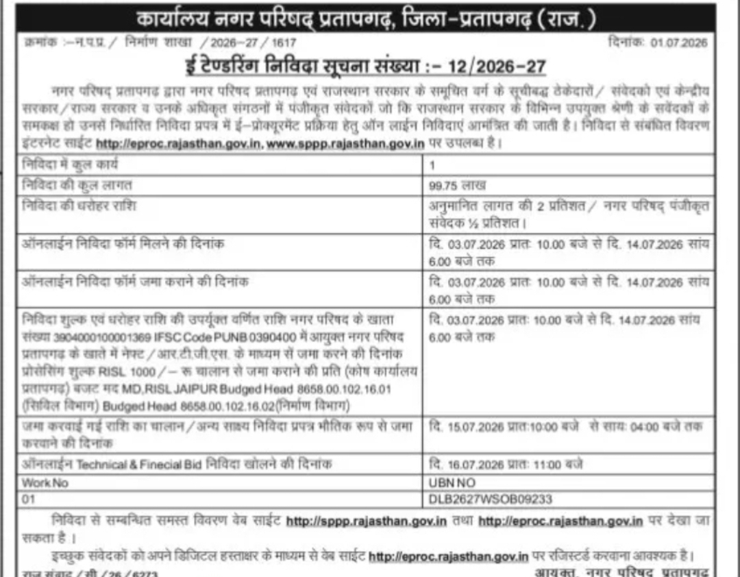 E-Tender Notice No. 12/2026-27 for Municipal Works