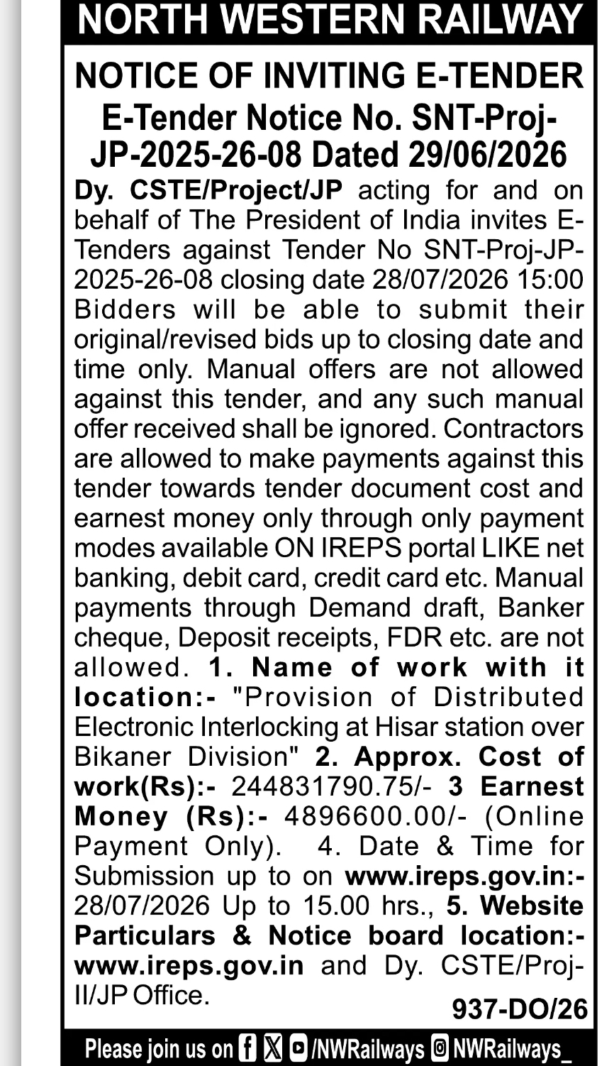 E-TENDER NOTICE – NORTH WESTERN RAILWAY (JAIPUR DIVISION)