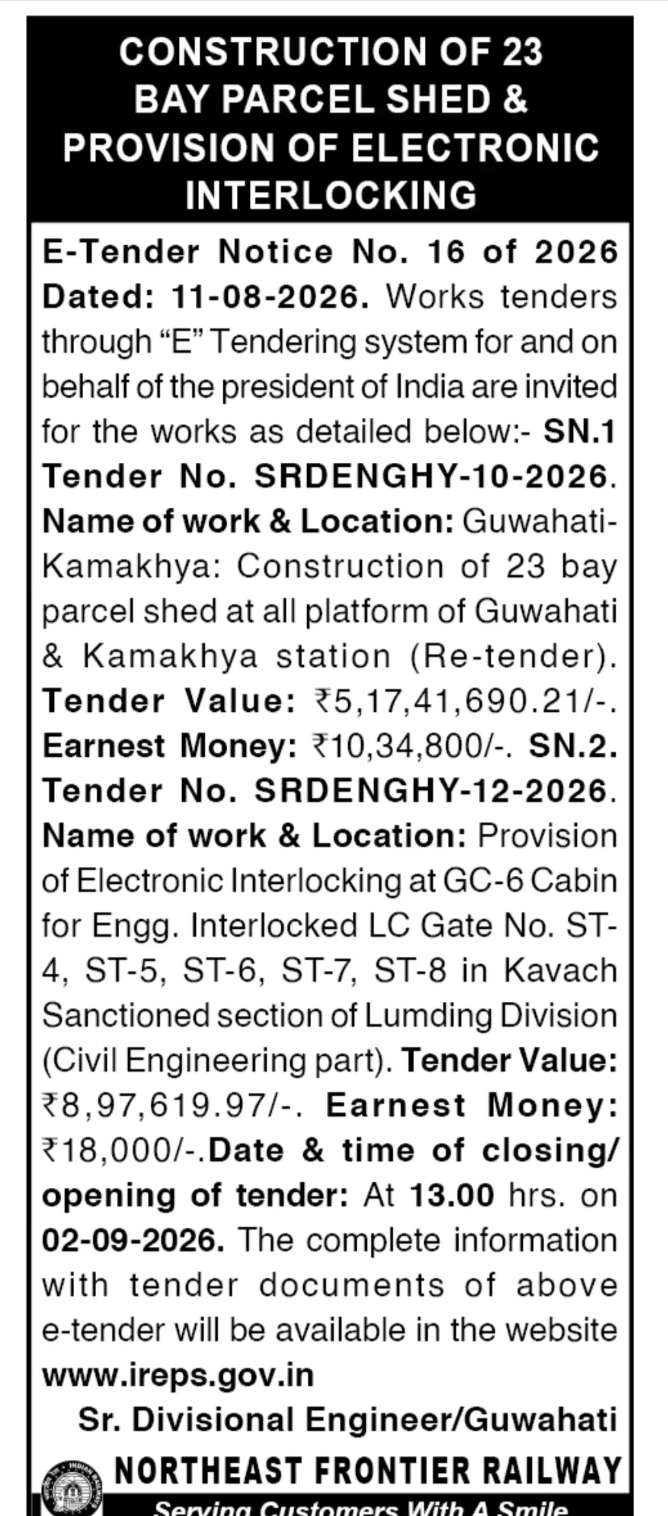 E-TENDER NOTICE – NORTHEAST FRONTIER RAILWAY | GUWAHATI