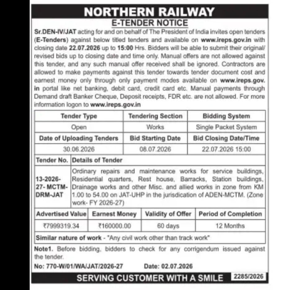 E-TENDER NOTICE – NORTHERN RAILWAY