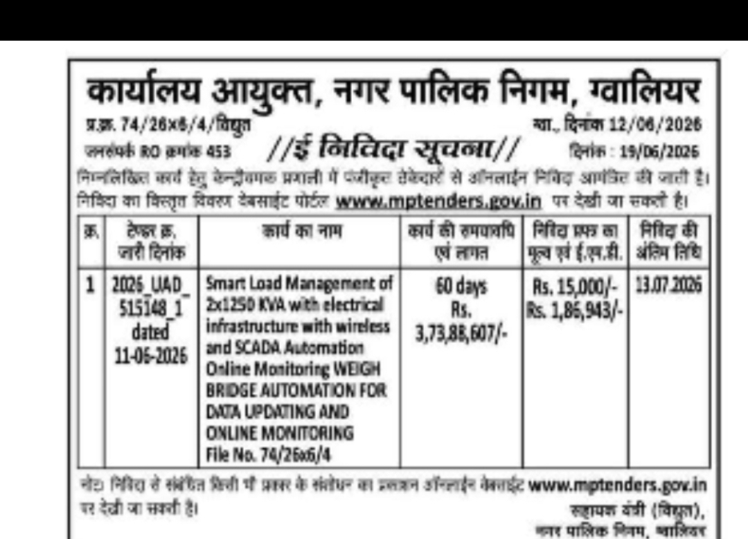 E-Tender Notice – Online Monitoring & SCADA Automation Work | Gwalior, Madhya Pradesh