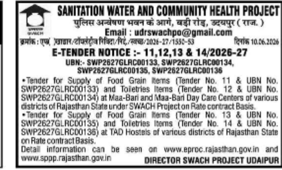 E-Tender Notice – Supply of Food Grains & Toiletries Items under SWACH Project (2026-27)