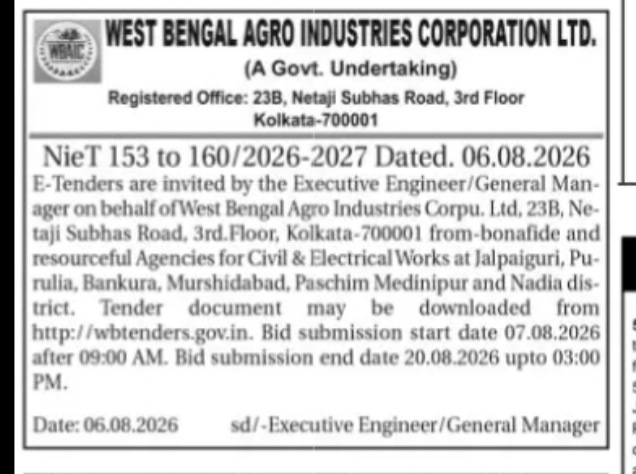 E-Tenders for Civil & Electrical Works in West Bengal
