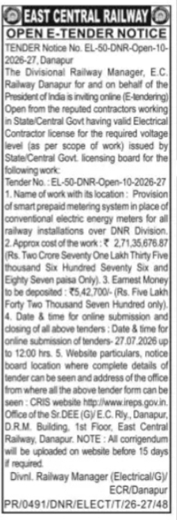 East Central Railway Danapur – Smart Prepaid Metering System Tender