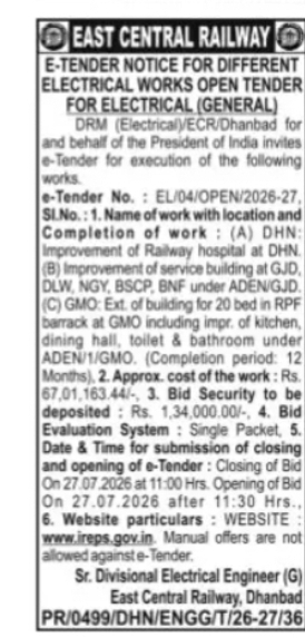 East Central Railway – Dhanbad Electrical Works Open E-Tender
