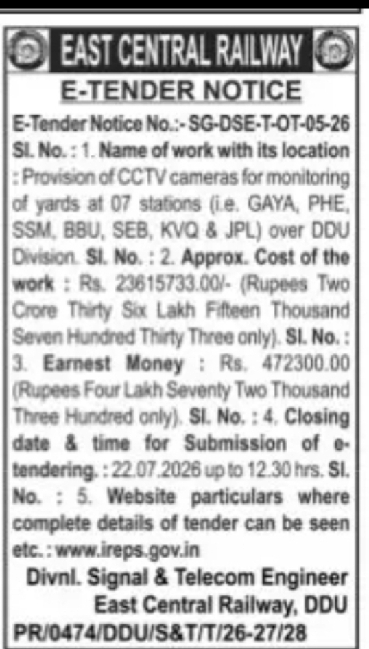 EAST CENTRAL RAILWAY – E-TENDER NOTICE