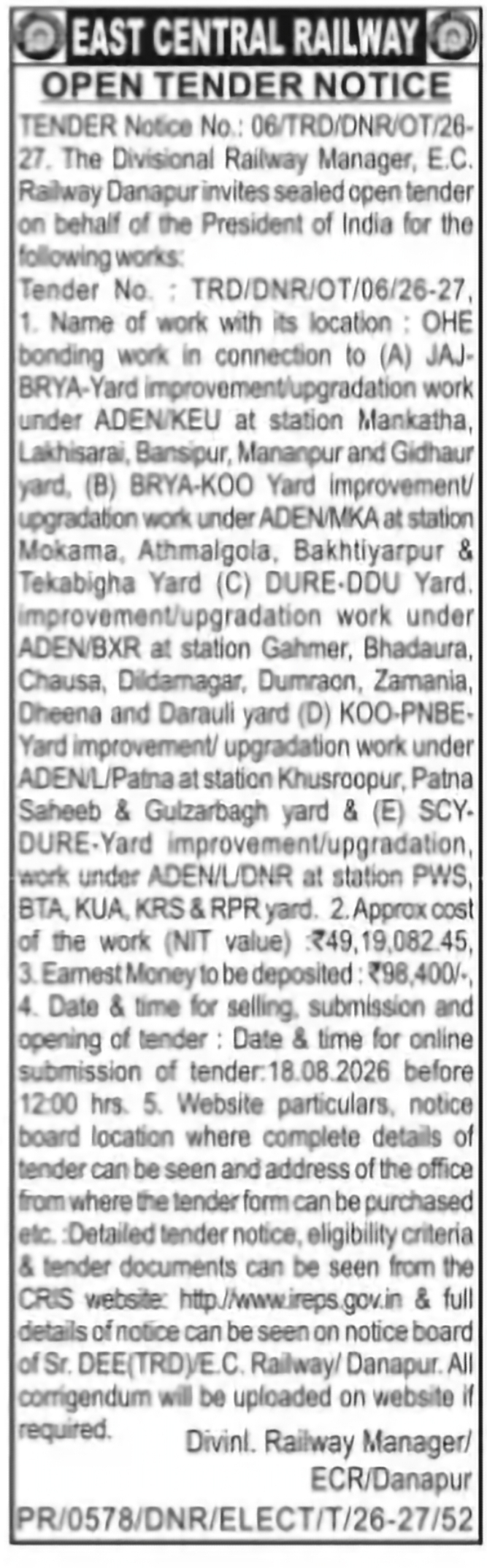 East Central Railway – OHE Bonding Work Tender