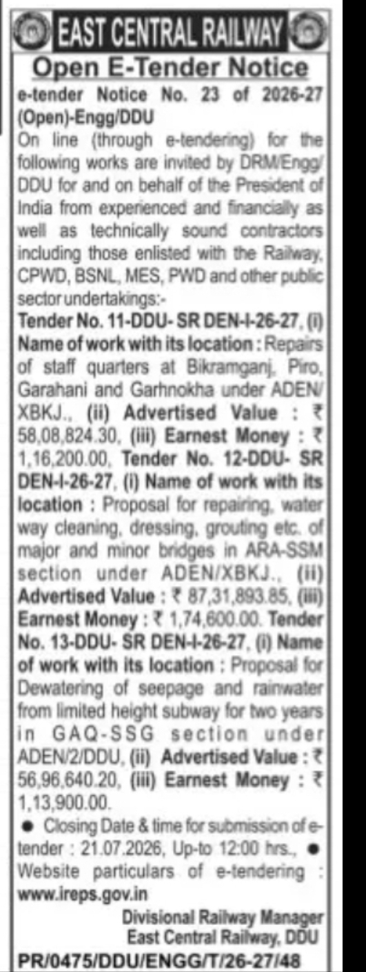 East Central Railway – Open E-Tender Notice No. 23/2026-27 (DDU Division)