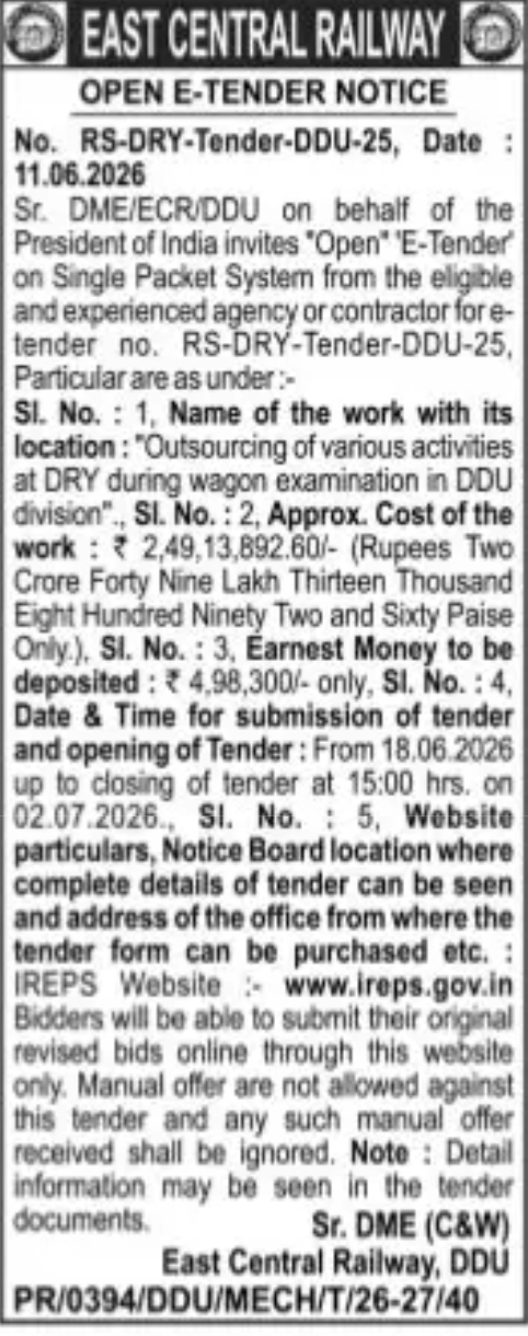 EAST CENTRAL RAILWAY OPEN E-TENDER NOTICE
