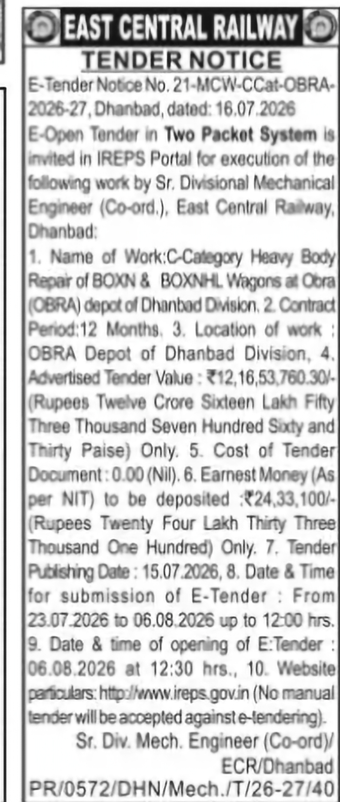 East Central Railway – Wagon Heavy Body Repair Contract
