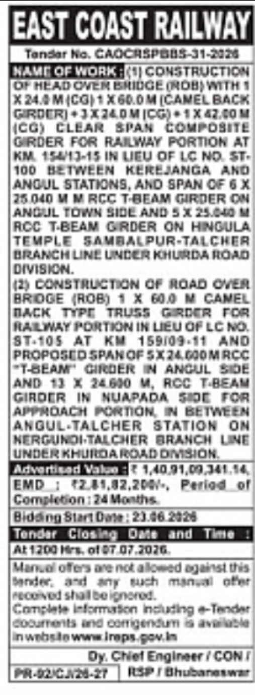 EAST COAST RAILWAY – BRIDGE & ROB CONSTRUCTION TENDER