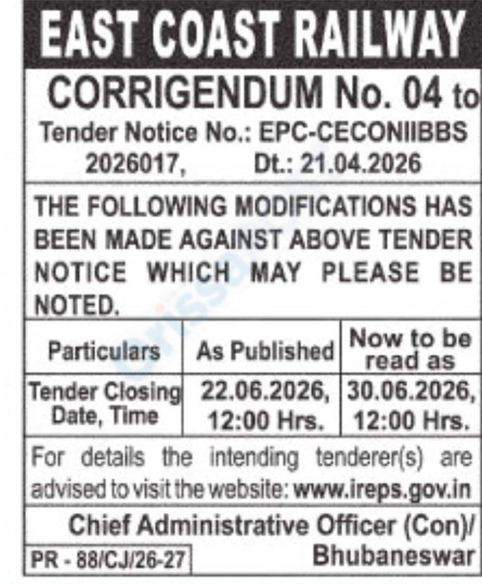 East Coast Railway – Corrigendum to Tender Notice