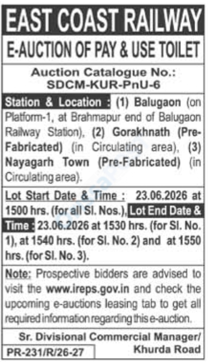 EAST COAST RAILWAY – E-AUCTION NOTICE