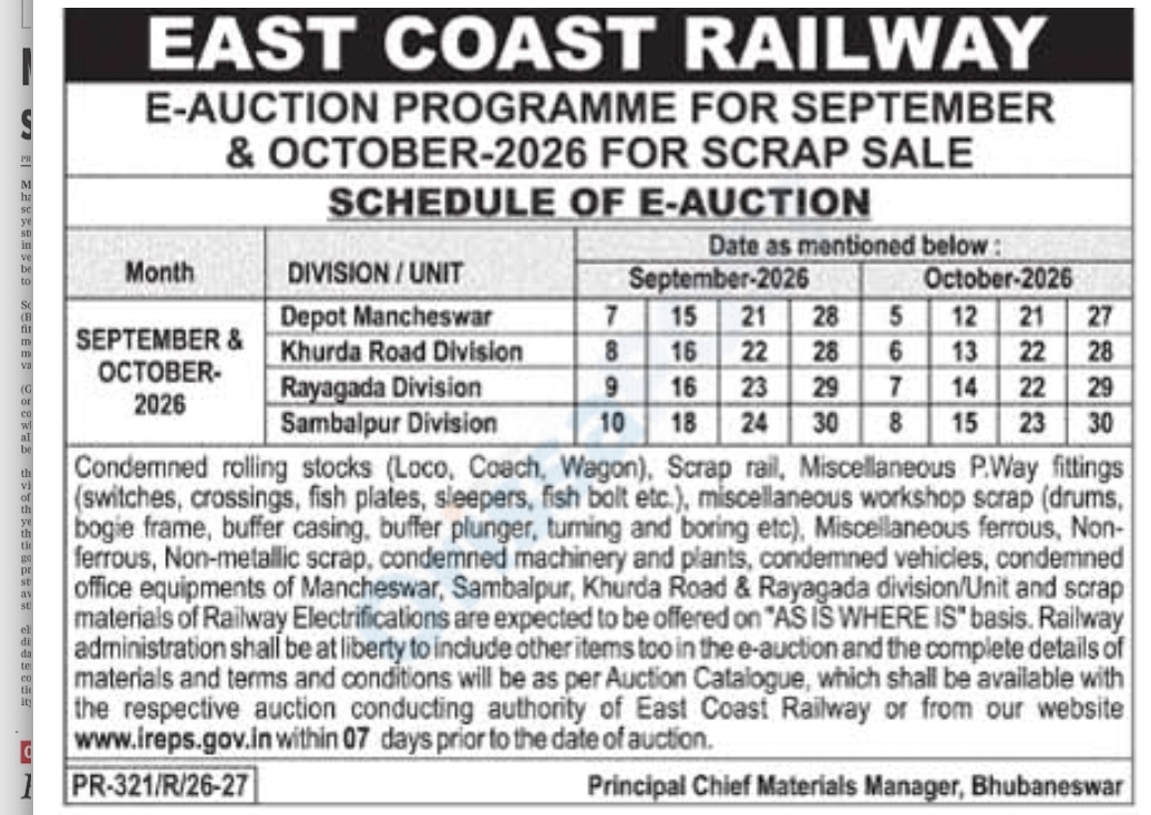 East Coast Railway E-Auction Programme for Scrap Sale – September & October 2026