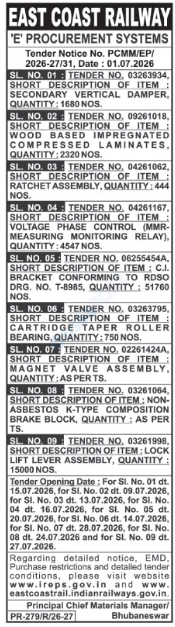 East Coast Railway E-Procurement Tender Notice – Multiple Supply Tenders (2026–27)