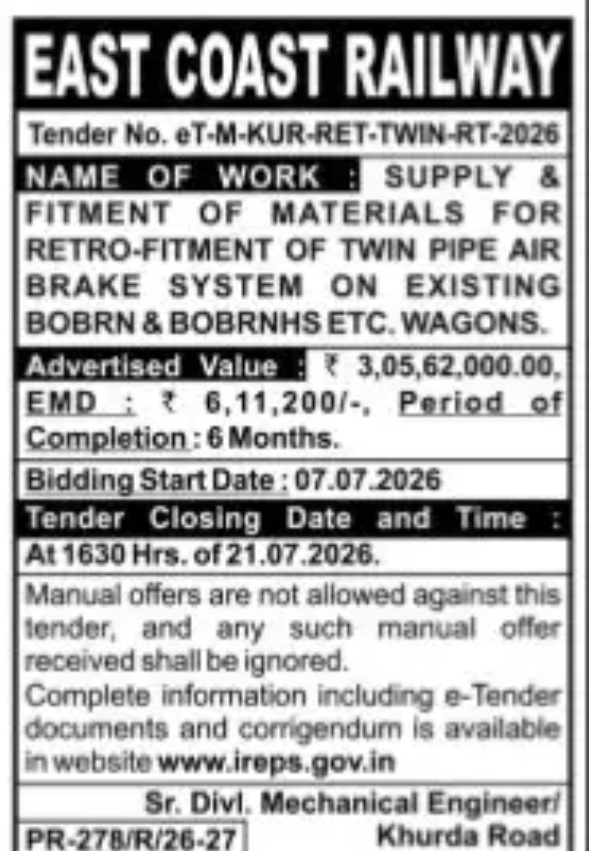 EAST COAST RAILWAY E-TENDER NOTICE – SUPPLY & FITMENT OF MATERIALS FOR TWIN PIPE AIR BRAKE SYSTEM