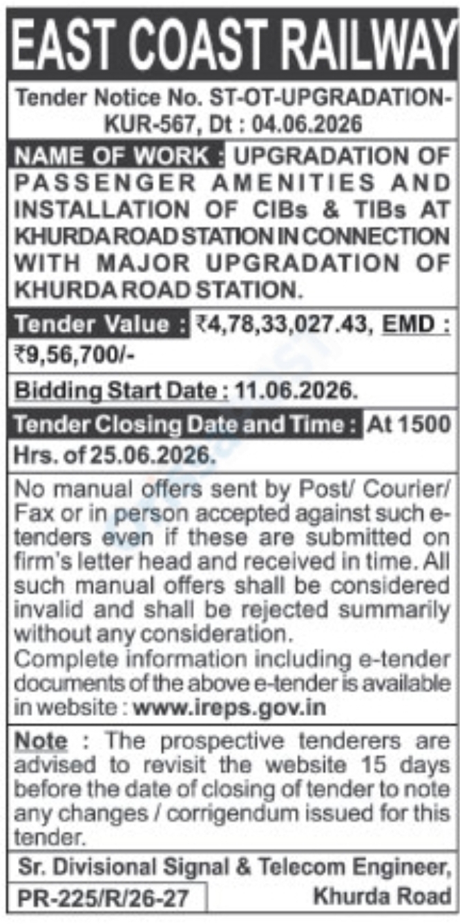 EAST COAST RAILWAY – E-Tender Notice