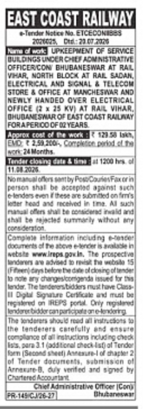 East Coast Railway e-Tender – Upkeep and Maintenance of Service Buildings in Bhubaneswar