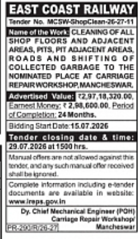 East Coast Railway Invites Bids for Workshop Cleaning Services