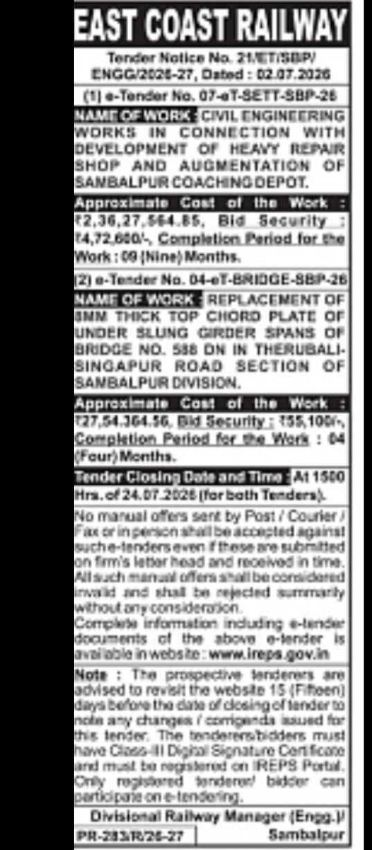 East Coast Railway Invites Civil & Bridge Engineering Tenders – Sambalpur Division
