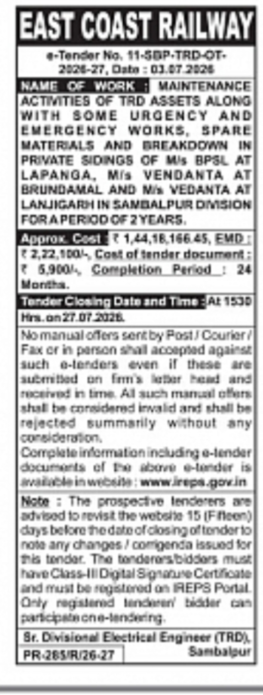 East Coast Railway Invites E-Tender for TRD Maintenance Works