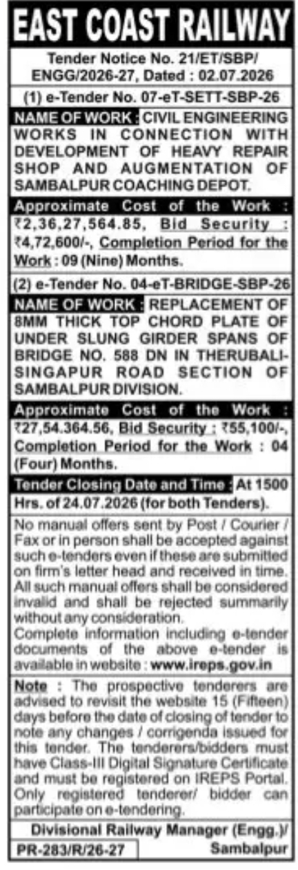 East Coast Railway Invites e-Tenders for Civil Engineering & Bridge Works – Sambalpur Division