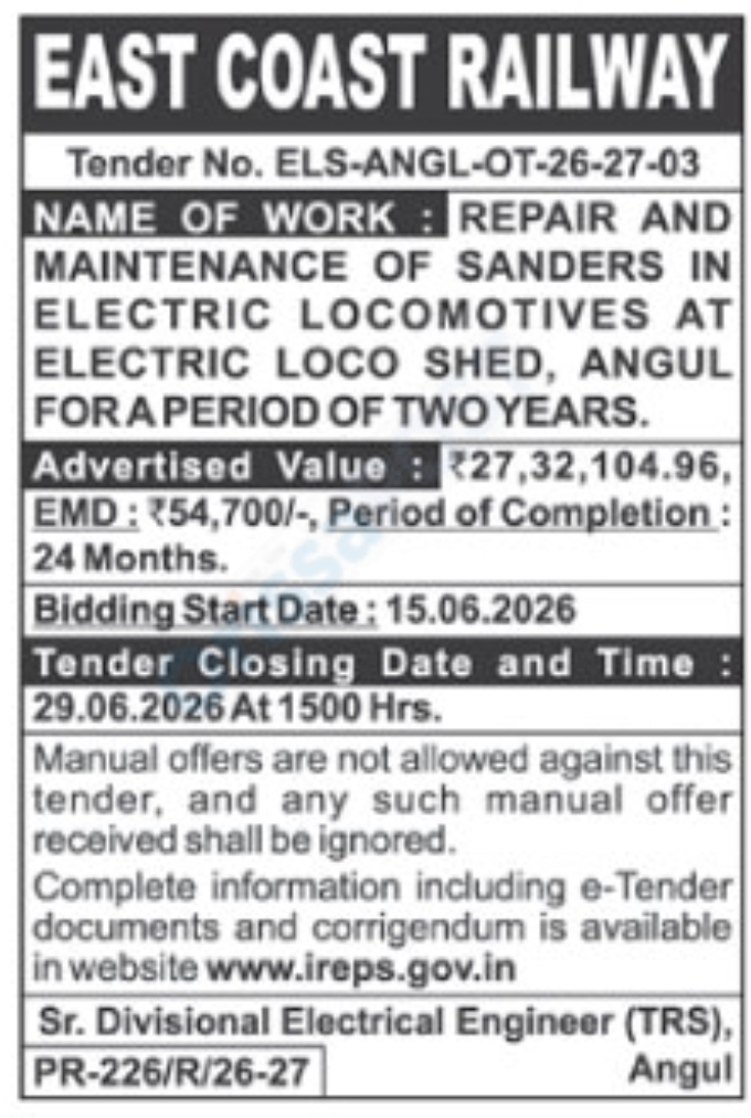 East Coast Railway Invites E-Tenders for Repair and Maintenance of Sanders in Electric Locomotives at Angul Loco Shed