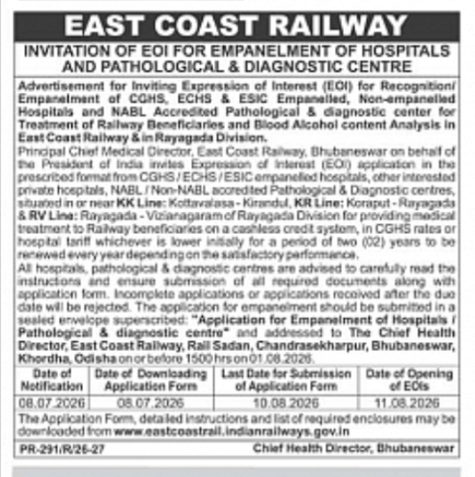 East Coast Railway Invites EOI for Hospital & Diagnostic Centre Empanelment