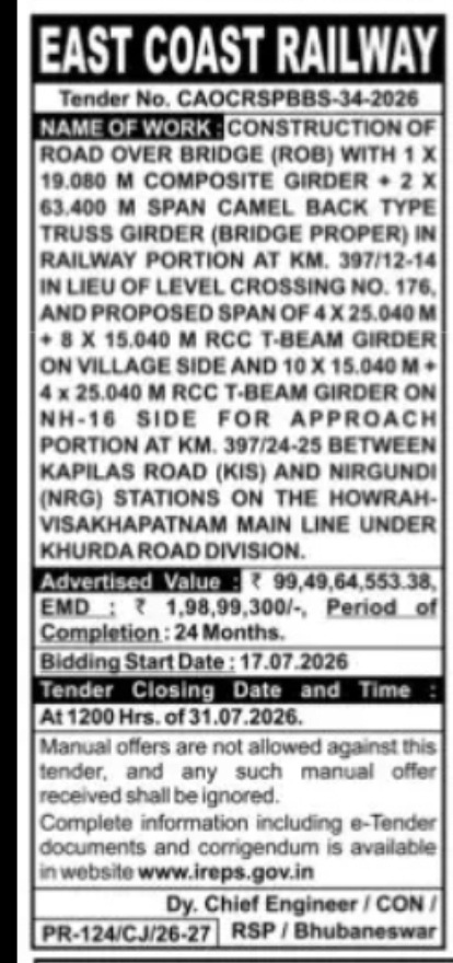 East Coast Railway Invites Tender for Road Over Bridge Construction