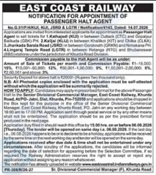 East Coast Railway – Passenger Halt Agent Recruitment Notification