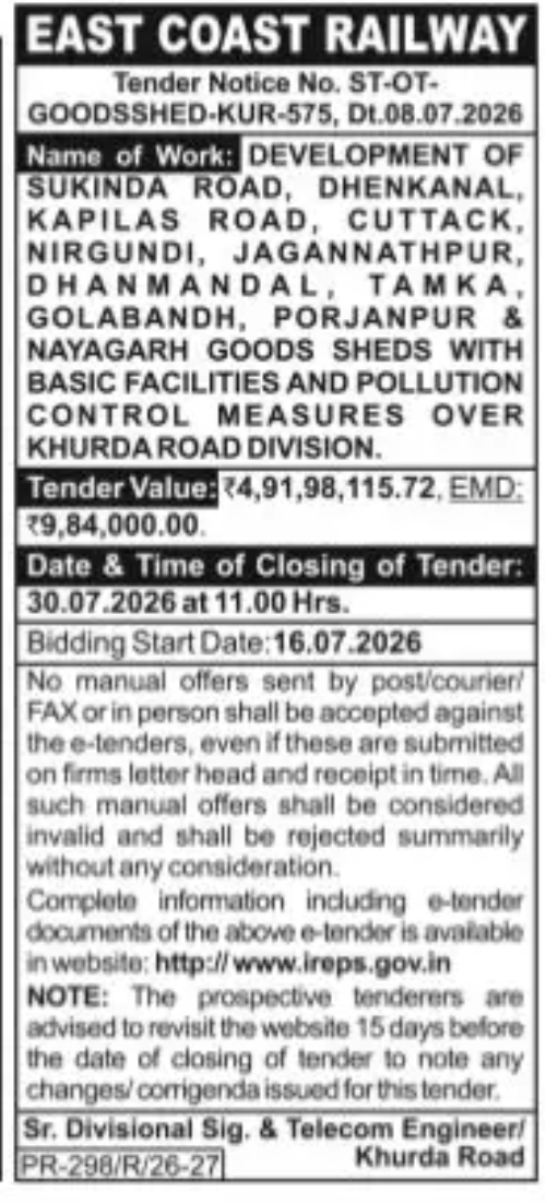 East Coast Railway Tender – Development of Goods Sheds in Khurda Road Division