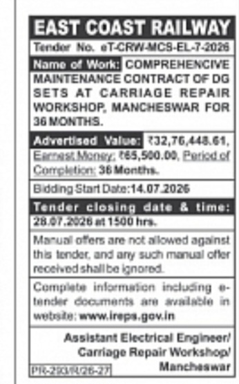 East Coast Railway Tender – DG Sets Maintenance Contract at CRW Mancheswar