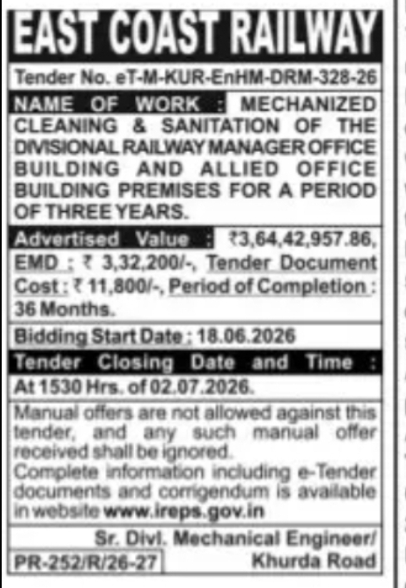 EAST COAST RAILWAY – Tender Notice (Khurda Road Division)