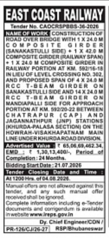 East Coast Railway Tender Notice – Road Over Bridge Construction