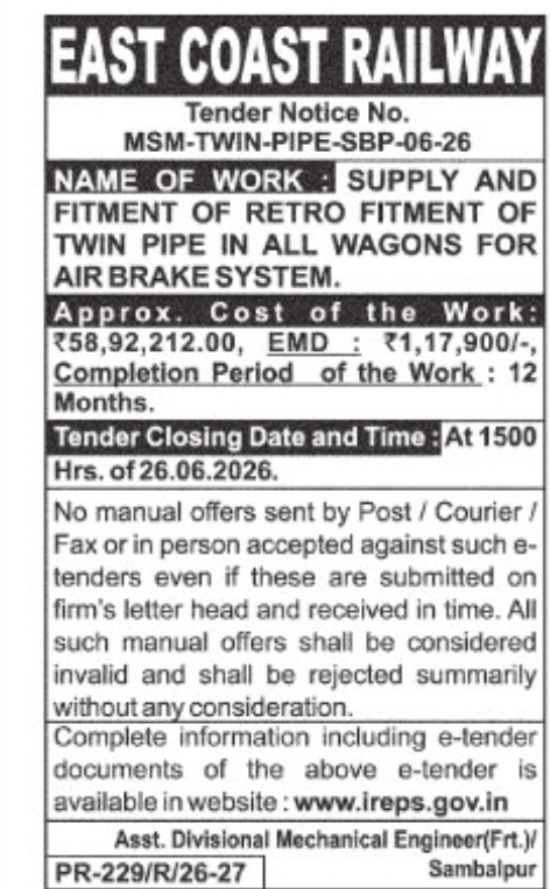 East Coast Railway Tender Notice