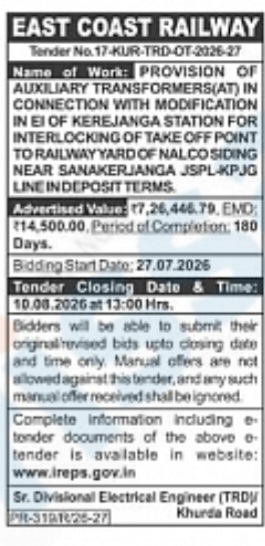 East Coast Railway Tender – Provision of Auxiliary Transformers at Kerejanga Station