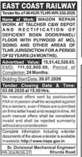 East Coast Railway Tender – Wagon Repair Work at Talcher C&W Depot