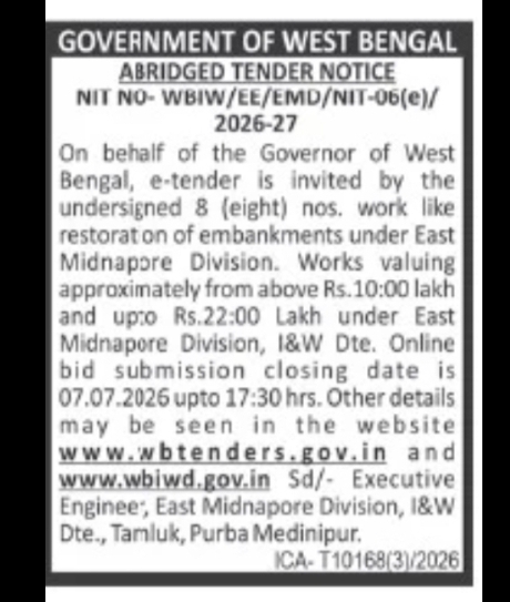 East Midnapore Division I&W Department Tender Notice