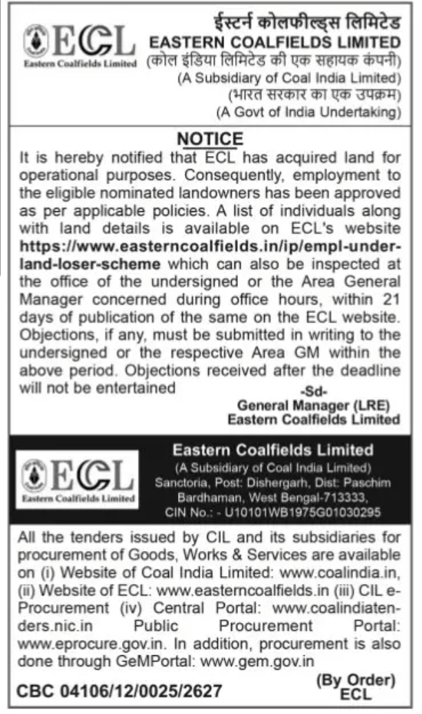 Eastern Coalfields Limited (ECL) – Land Loser Employment Notice & Tender Information