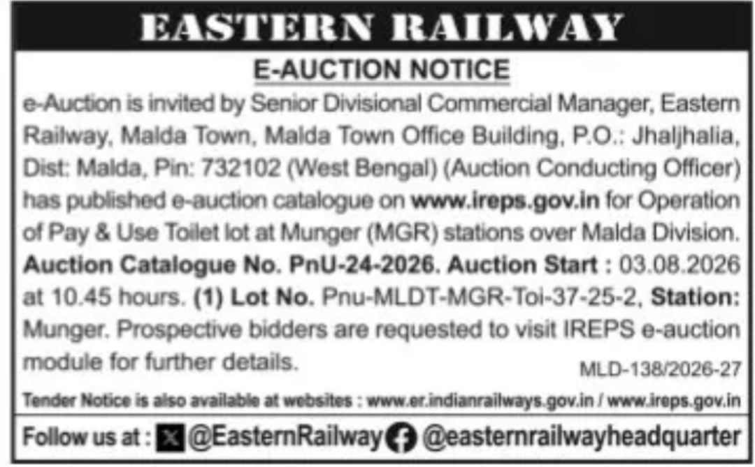 Eastern Railway E-Auction for Pay & Use Toilet at Munger Station